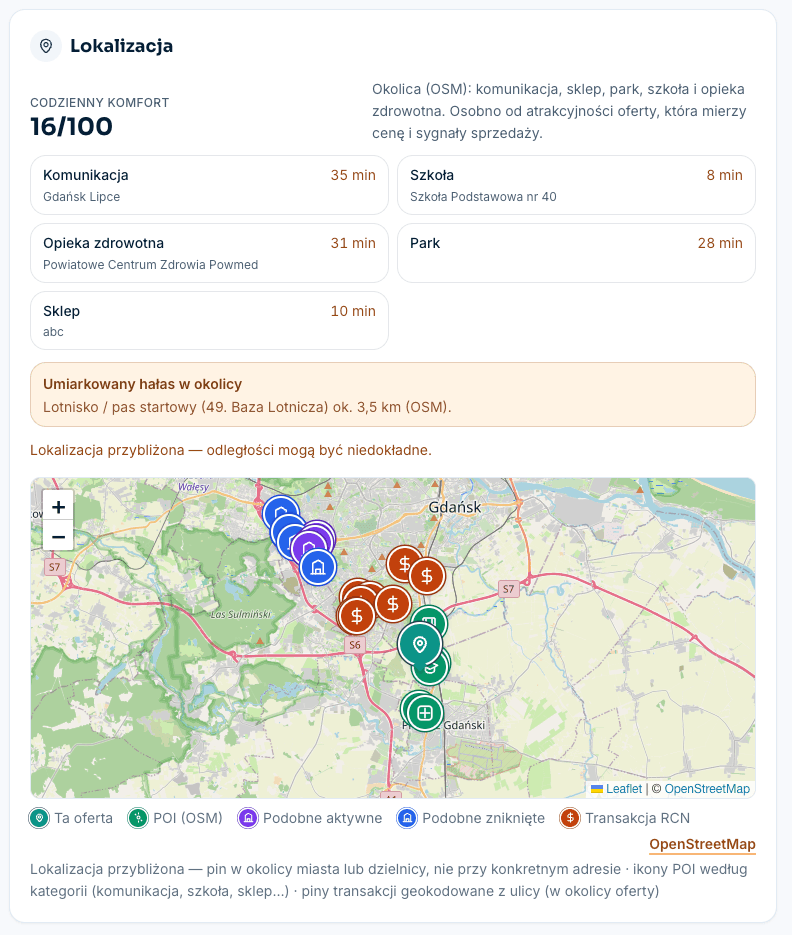Sekcja Lokalizacja: codzienny komfort 16/100, czas dojścia do komunikacji, szkoły, sklepu, parku i lekarza, ocena hałasu i mapa
