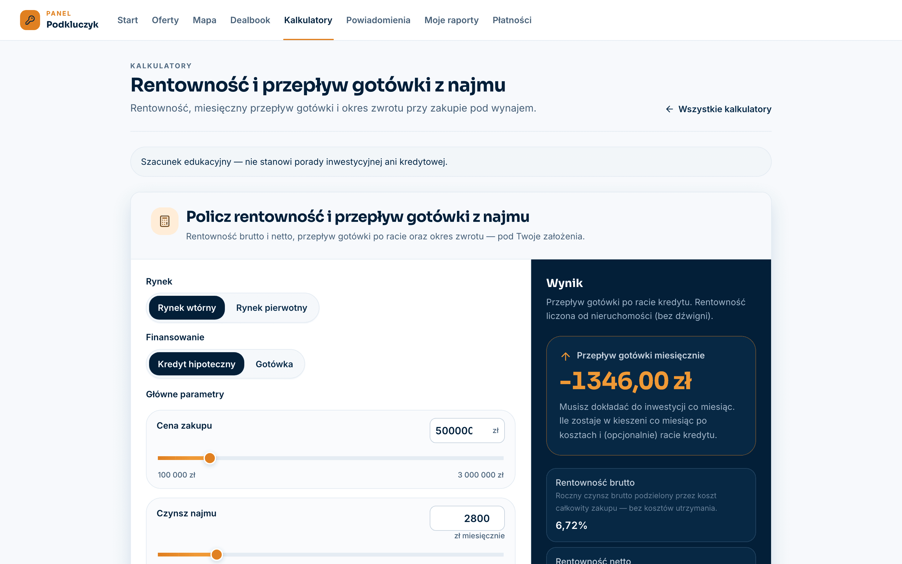 Kalkulator rentowności najmu i cashflow