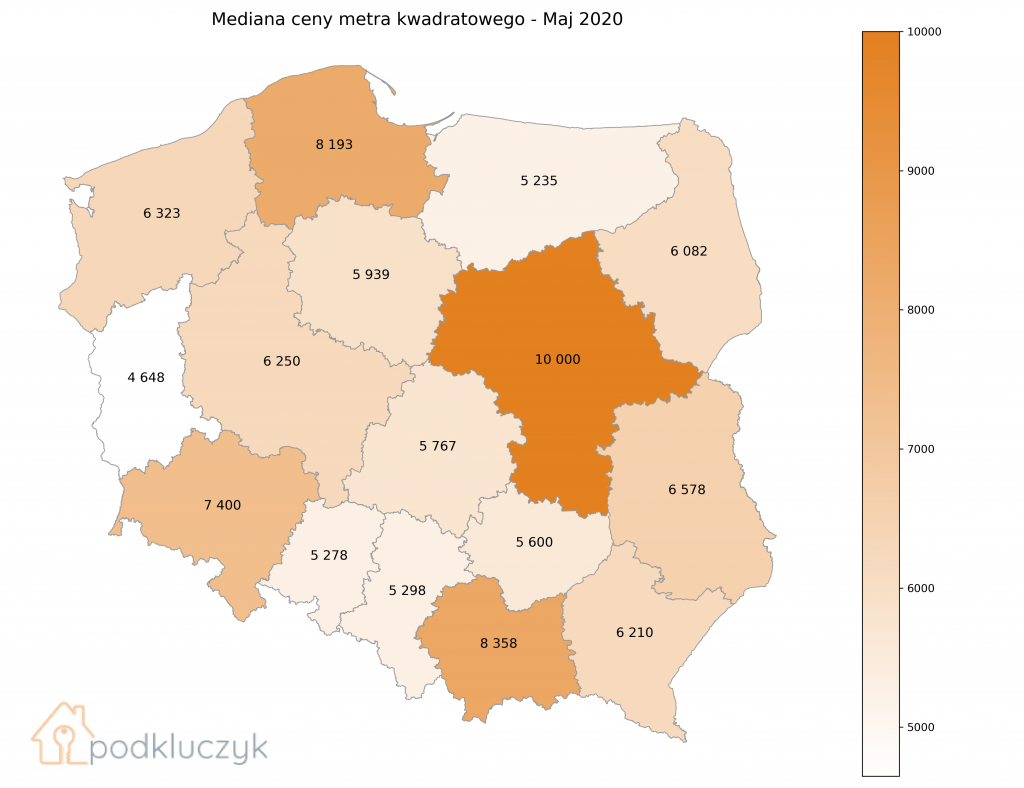 ile kosztuje mieszkanie w polsce; przegląd nieruchomości z podkluczyk.pl; mediana w wojewodztwach