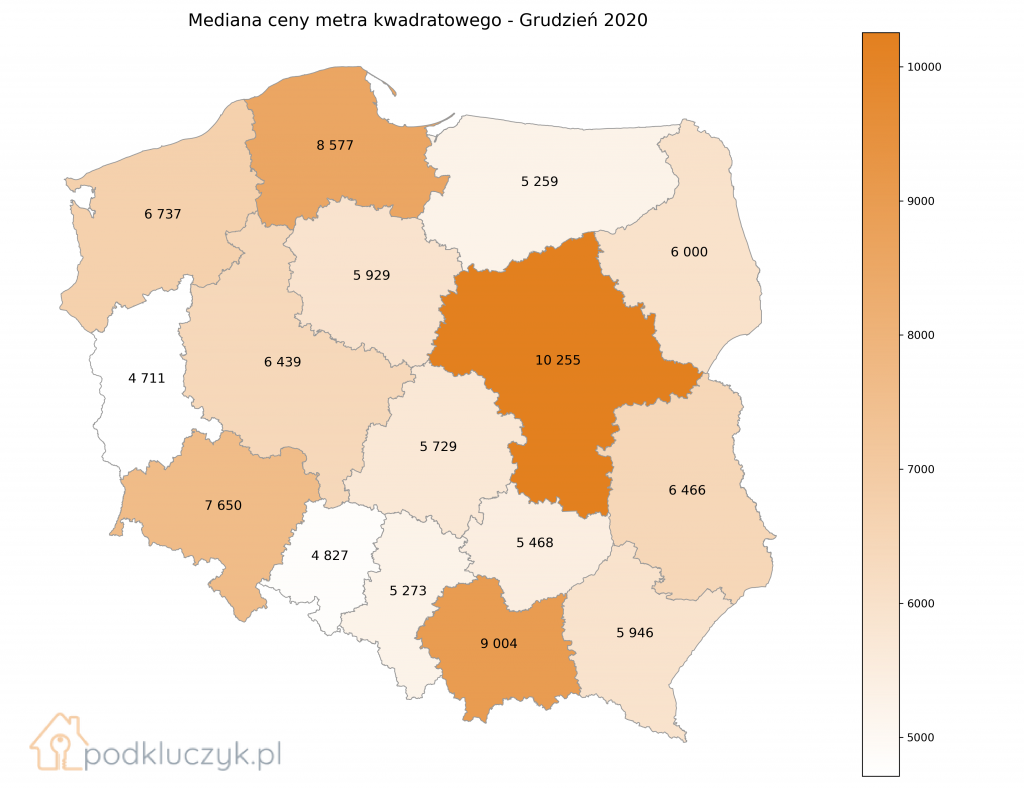 Ceny nieruchomości na koniec 2020 - województwa