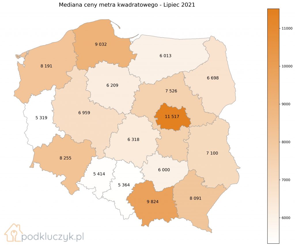 bańka na rynku nieruchomości - mapa Polski z okręgiem Warszawskim