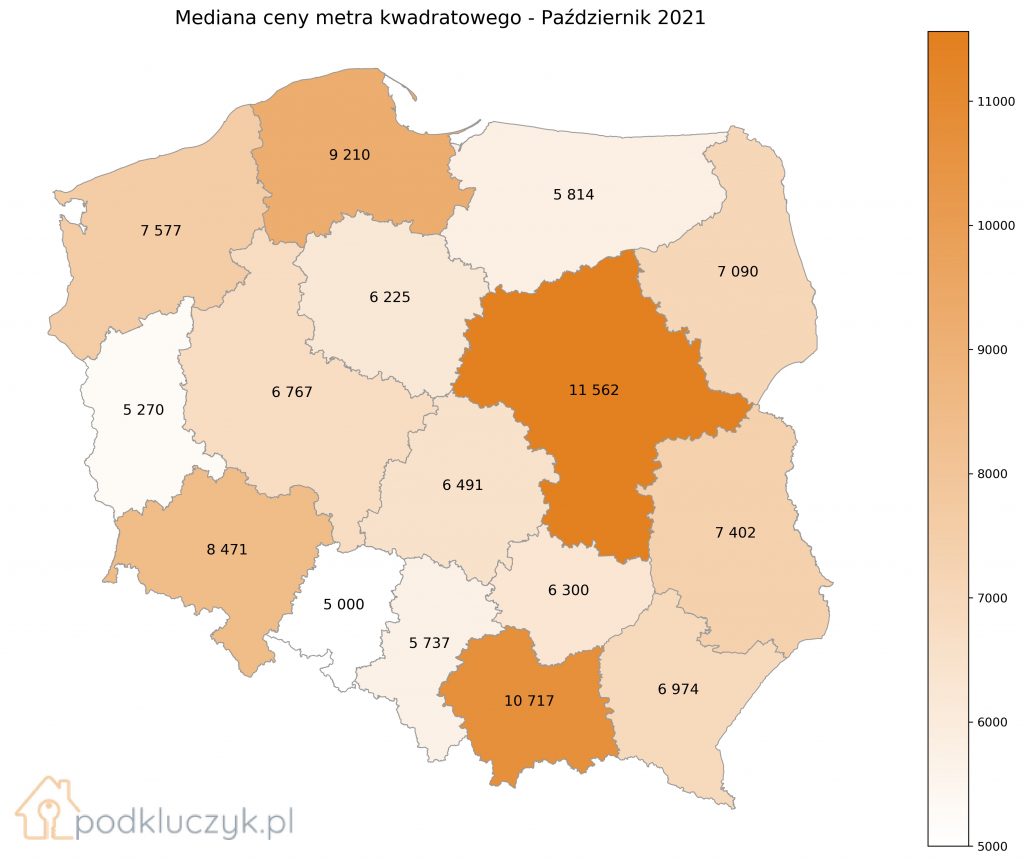 ceny mieszkań w Polsce, w województwach, mediana cen mieszkań