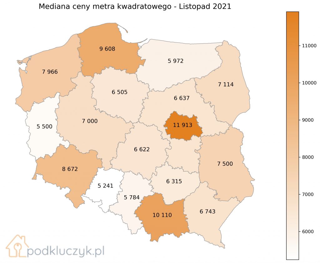 ceny nieruchomości w Polsce - listopad 2021, mapa, wykres