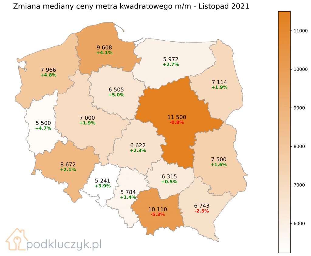 ceny mieszkań w Polsce - listopad 2021, mapa, wykres