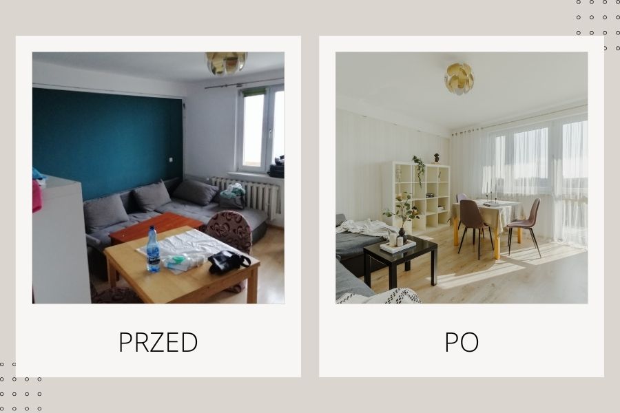 Home Staging w salonie, efekt przed i po; jak podnieść wartość mieszkania
