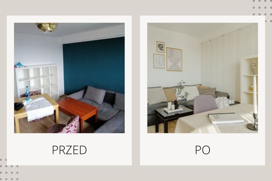 Home Staging w salonie, efekt przed i po; jak podnieść wartość mieszkania