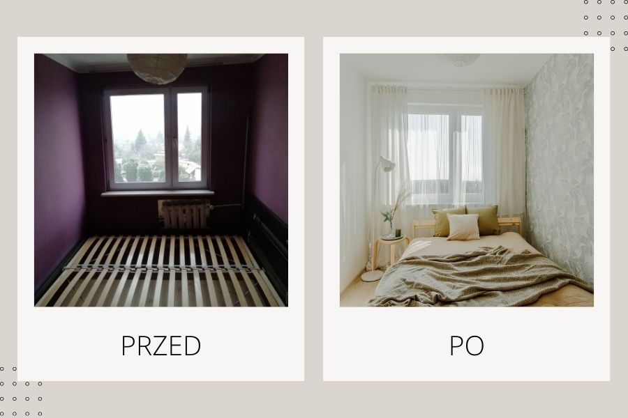 Home Staging w głównej sypialni, efekt przed i po; jak podnieść wartość mieszkania