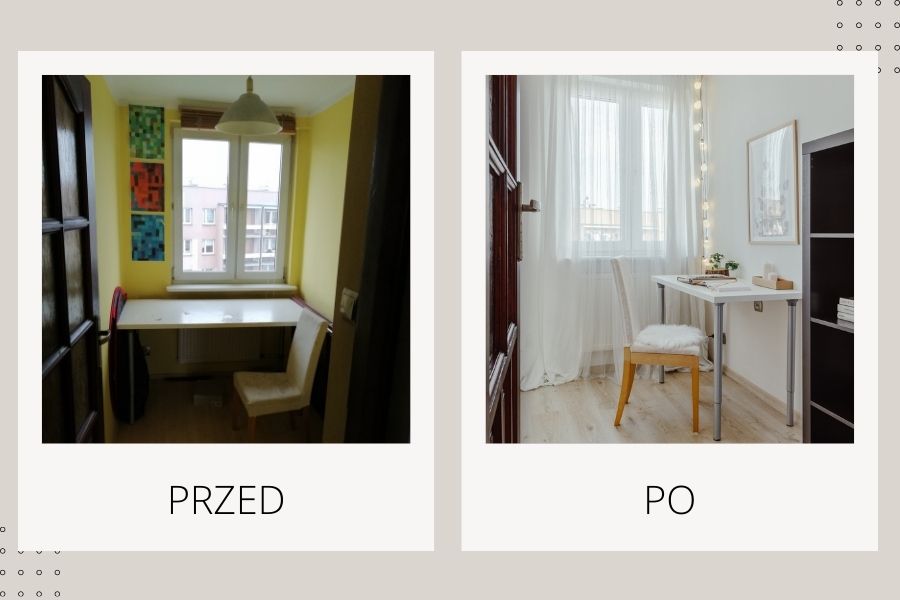Home Staging w domowym biurze, efekt przed i po; jak podnieść wartość mieszkania