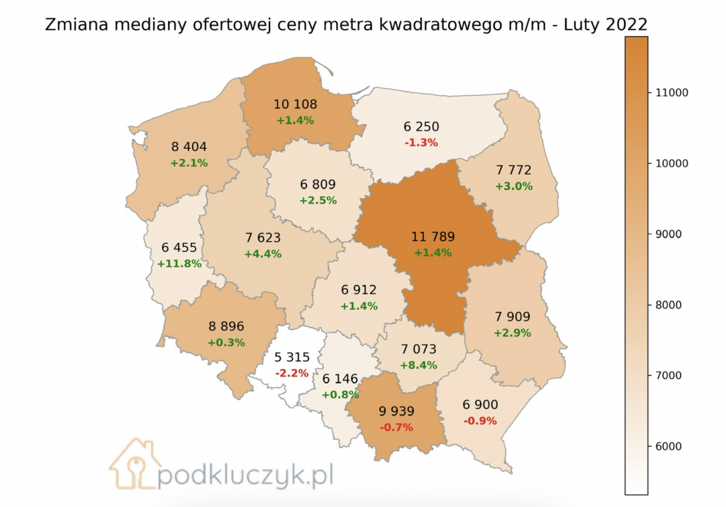 ceny nieruchomości w Polsce; luty 2022; mapa