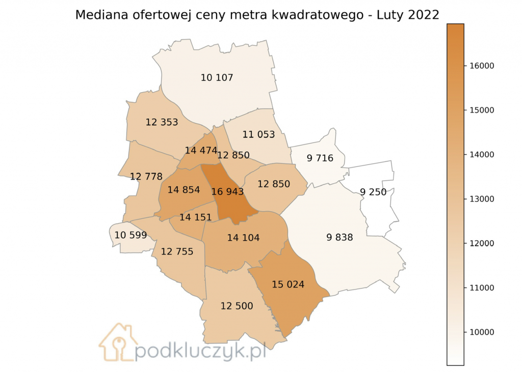 ceny mieszkań w Warszawie luty 2022 wykres, dzielnice, mapa