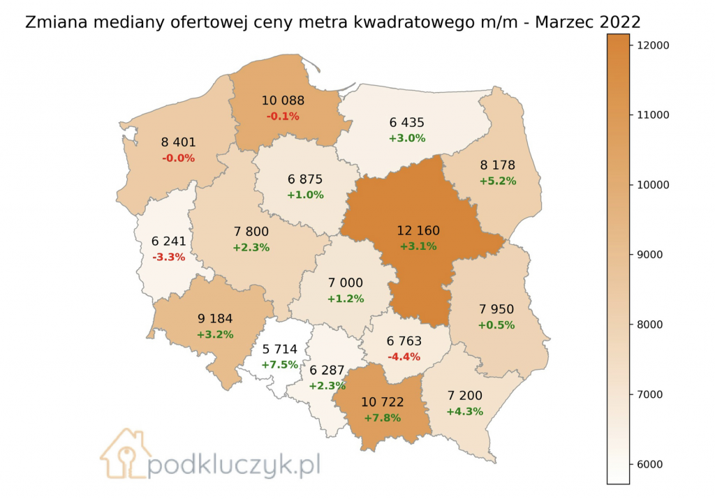 wojna a ceny nieruchomości w Polsce w marcu 2022; mapa; wykres