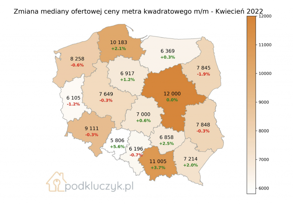 ceny mieszkań w Polsce w kwietniu mapa, wykres, 2022