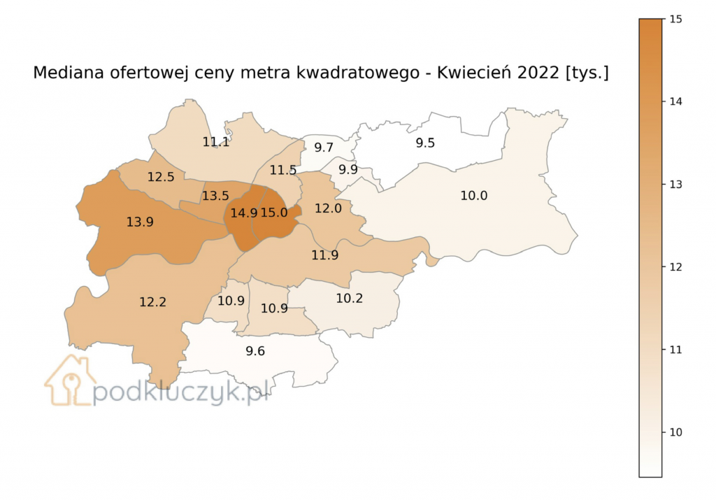 mapa ceny mieszkań w Krakowie w dzielnicach, kwiecień 2022