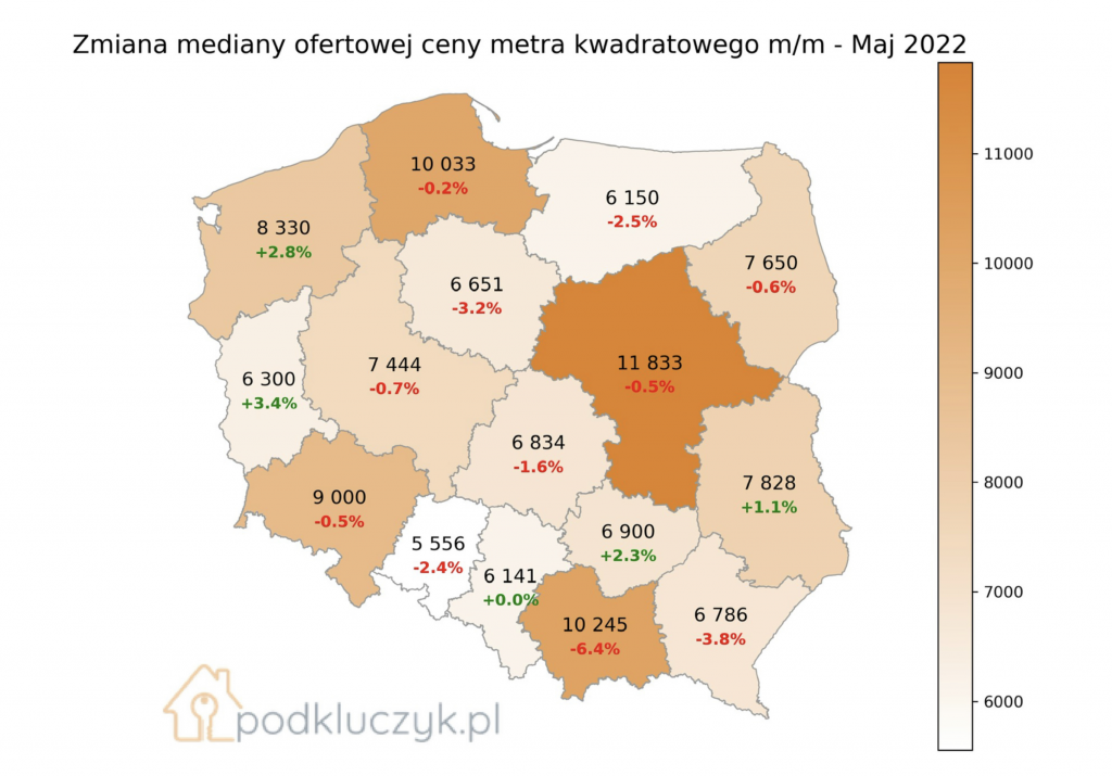 ceny mieszkań w Polsce w maju 2022, wykres, mapa