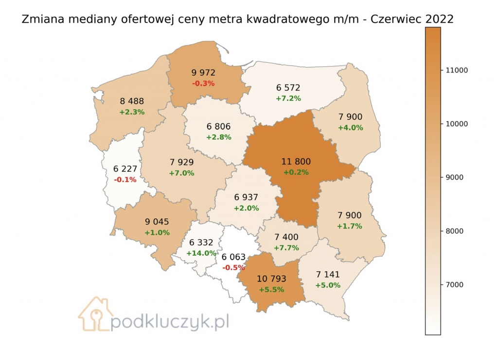 ceny nieruchomości w województwach, czerwiec 2022 wykres