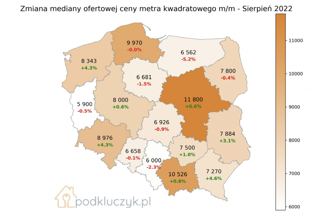 Raport cen ofertowych mieszkań w Polsce w sierpniu 2022 - mapa Polski wojewódzka