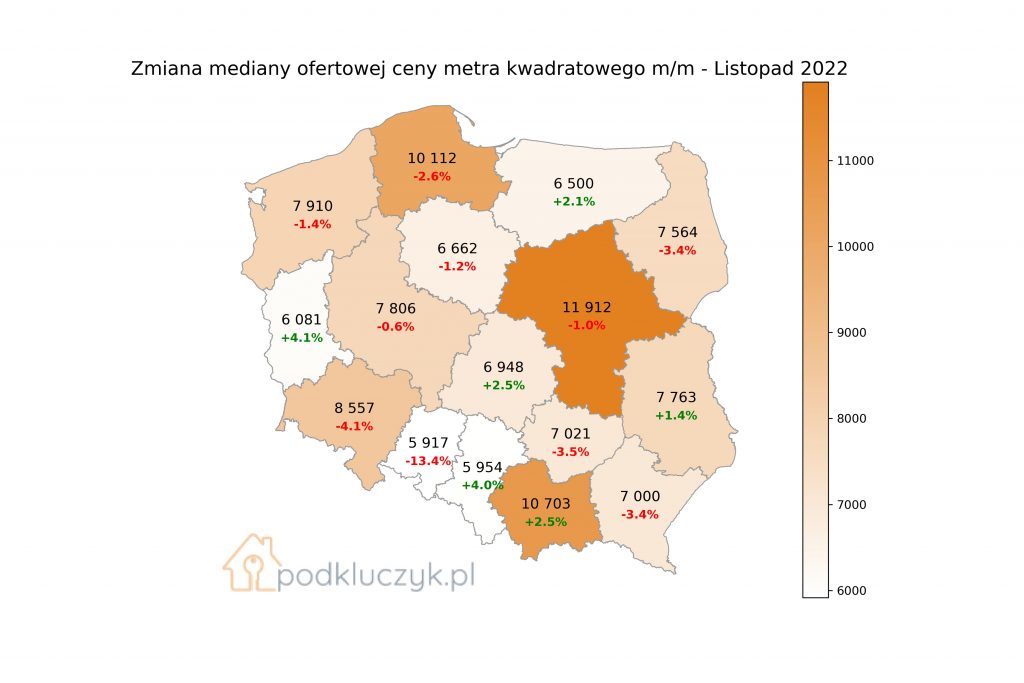 Raport ceny ofertowe mieszkań w Polsce listopad 2022 mapa województw