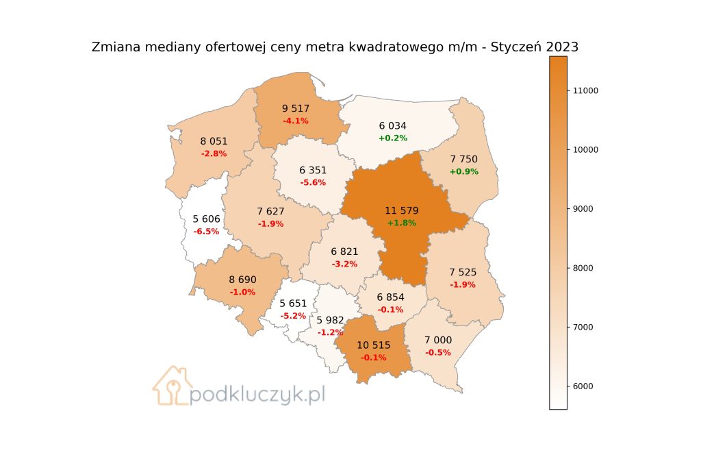 Ceny ofertowe mieszkań w Polsce w poszczególnych województwach w styczniu 2023