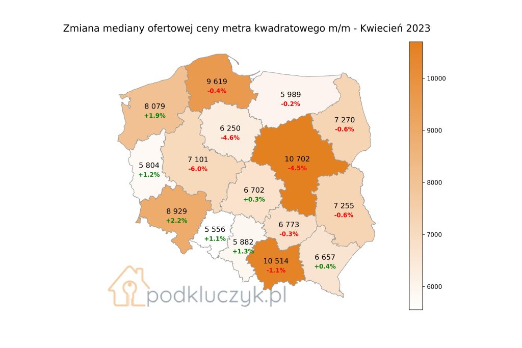 raport cen ofertowych mieszkań w Polsce - mapa, kwiecień 2023