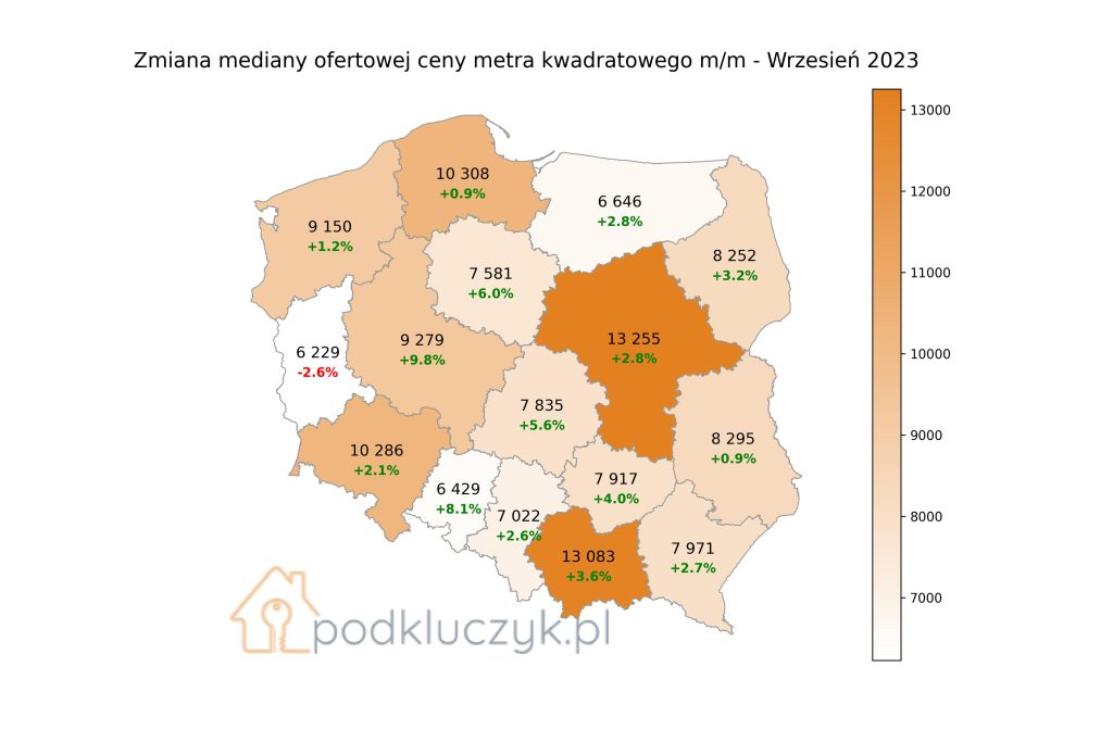 Ceny ofertowe mieszkań w Polsce mapa województw wrzesień 2023, przeciętna cena w województwach