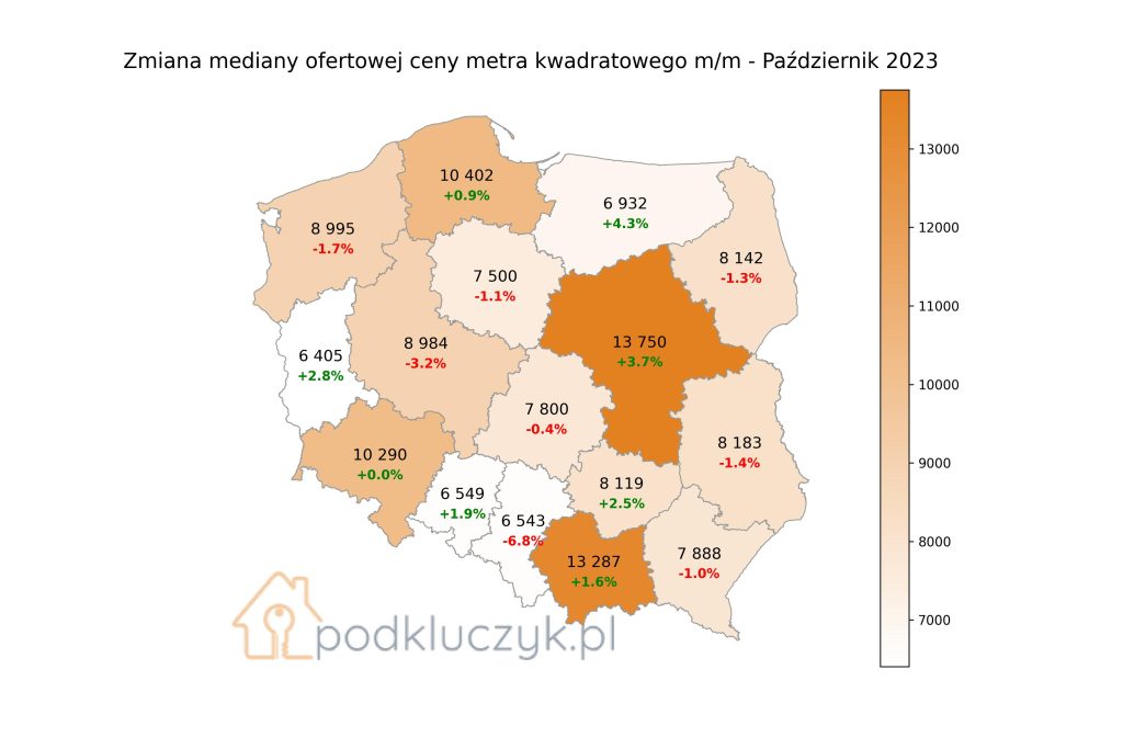 niewielka korekta cen ofertowych mieszkań w Polsce w październiku, mapa ceny mieszkań 2023