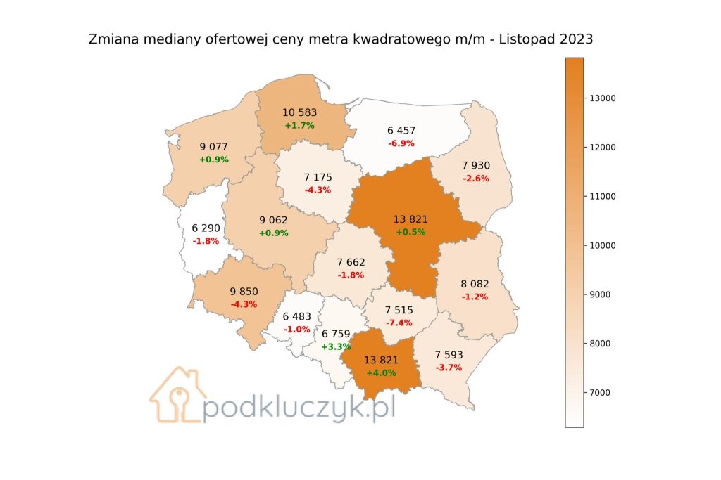 Raport ceny ofertowe mieszkań w Polsce listopad 2023 mapa województw