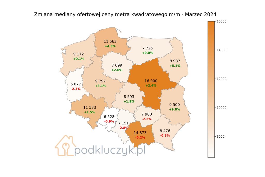Przeciętne ceny ofertowe mieszkań za metr w Polsce w województwach w marcu 2024, mapa