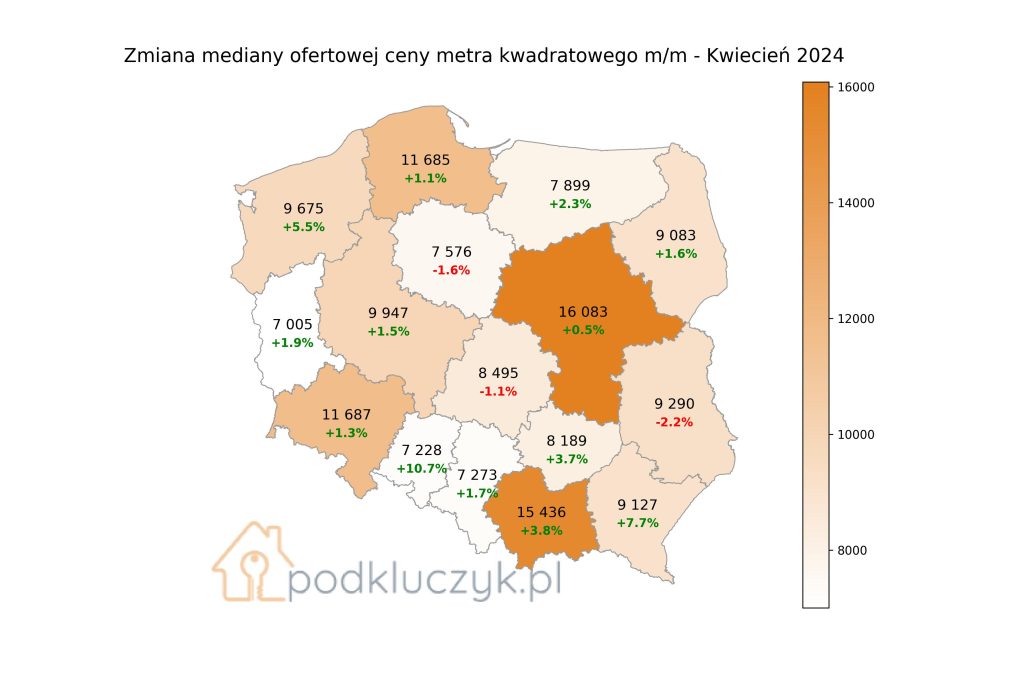 ceny ofertowe za metr mieszkań w Polsce w województwach w kwietniu 2024 mapa wykres