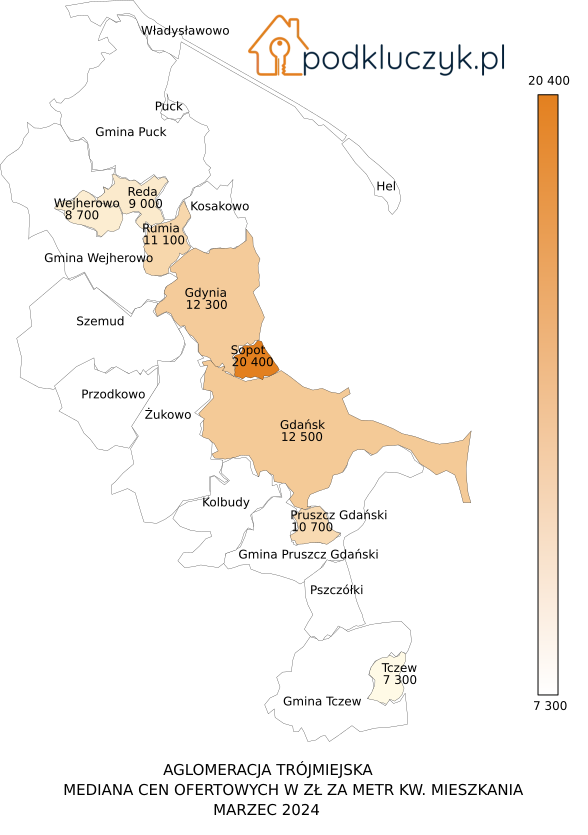 ceny mieszkań za metr w Aglomeracji Trójmiejskiej: Gdańsk, Gdynia, Sopot, Rumia, Reda, Wejherowo, Pruszcz Gdański, Tczew. mapa marzec 2024 cen w trójmieście