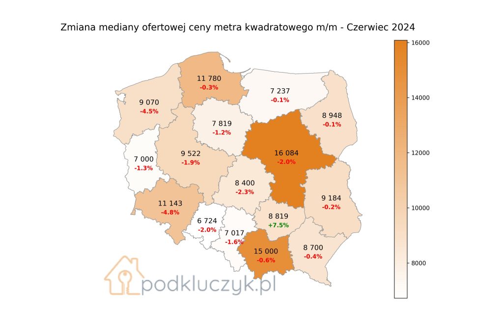 Wyraźny spadek dynamiki wzrostu cen mieszkań w Polsce - raport cen ofertowych w czerwcu 2024 - ceny mieszkań w Polsce w województwach MAPA