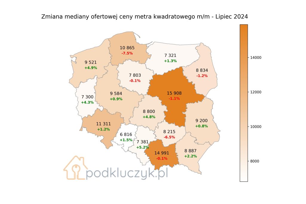 raport cen ofertowych mieszkań w lipcu 2024 - ceny mieszkań w Polsce w województwach MAPA