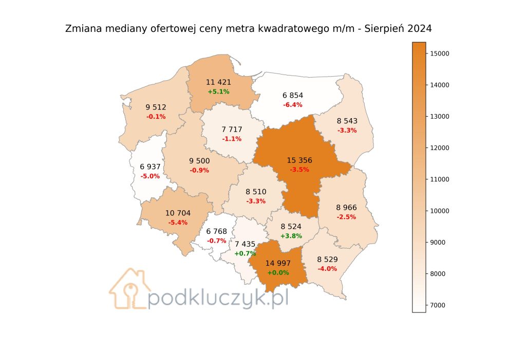 Ceny ofertowe mieszkań za metr w Polsce w sierpniu 2024, mapa cen za metr zametr