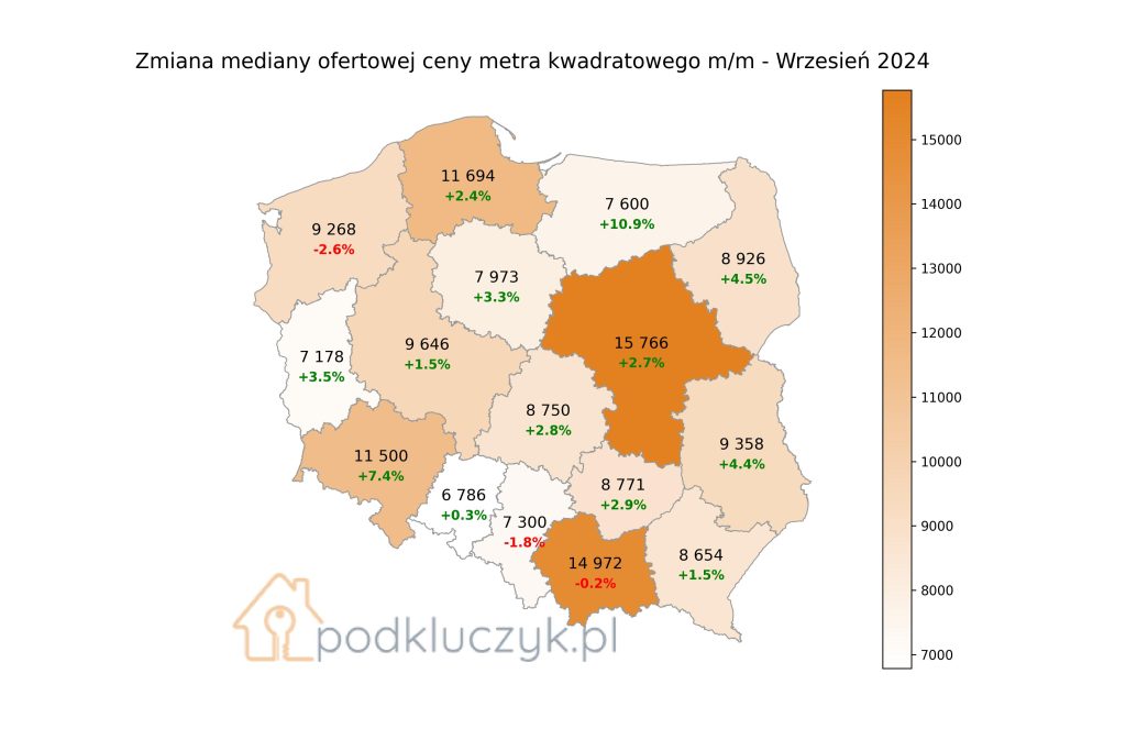 ceny mieszkań w Polsce na mapie, wykres cen dla Polski, województwa, wrzesień 2024, ceny za metr zametr