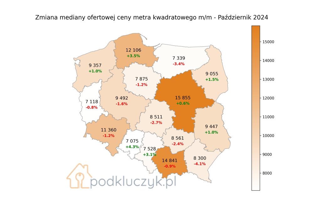 ceny mieszkań w Polsce na mapie, wykres cen dla Polski, województwa, październik 2024, ceny za metr zametr