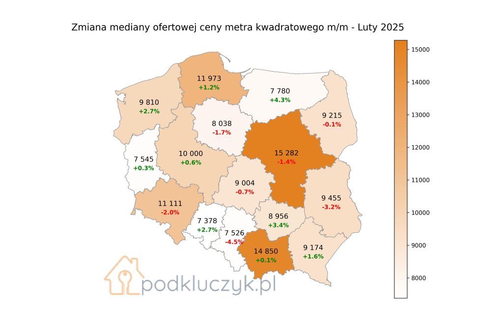ceny mieszkań w Polsce mapa w poszczególnych województwach w lutym 2025