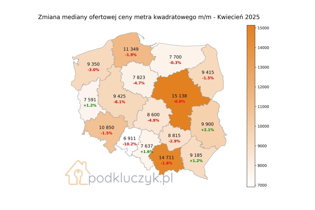 Spadki cen mieszkań w kwietniu 2025 widoczne są w większości (10 z 16) województw – czy to dobry moment na zakup? Mapa Polski