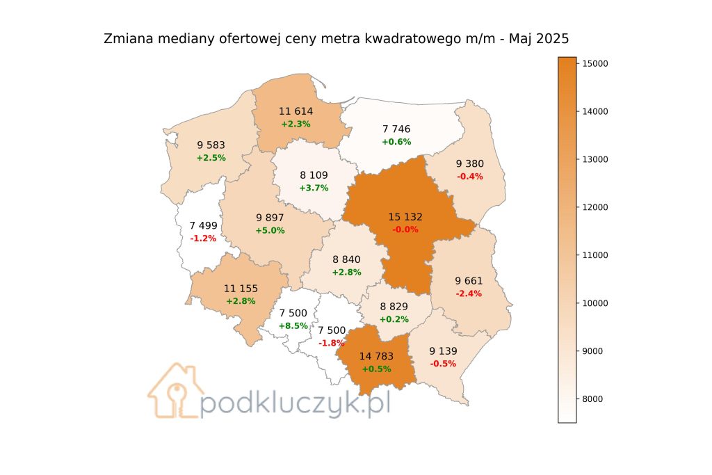 spadki cen mieszkań w maju w województwach mapa 2025
