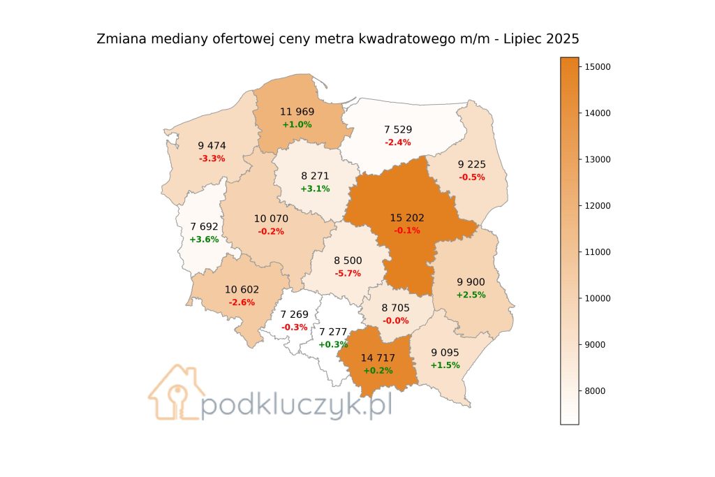 ceny mieszkań w Polsce w województwach, mapa lipiec 2025